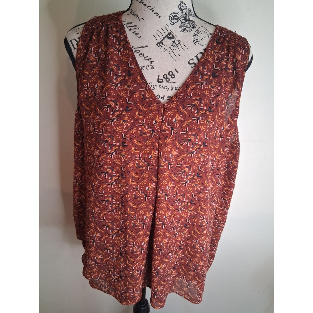 Reitmans Women XL Terracotta Abstract Floral V-Neck Smocked Sleeveless Blouse